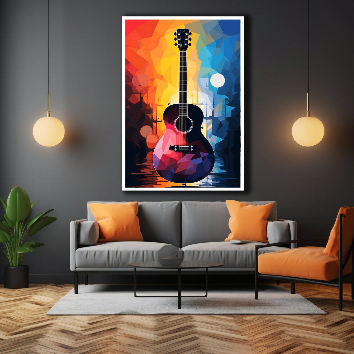 Geometric Low Poly Acoustic Guitar Sunset Sunrise Music Wall Art Poster - Image 3