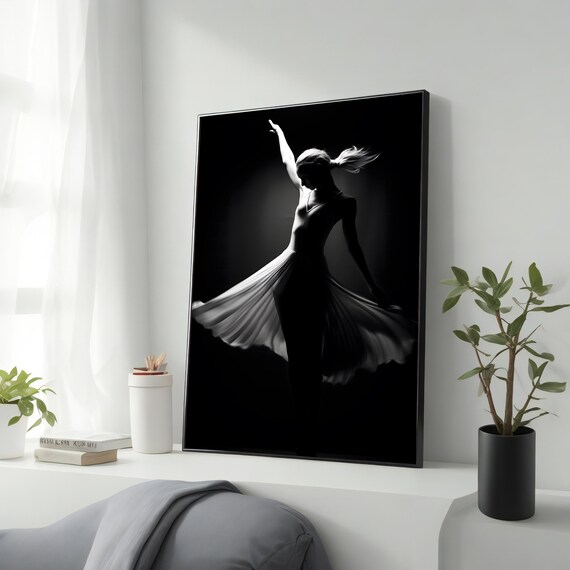 Black And White Dramatic Dancer Silhouette Leaping Motion Art Poster
