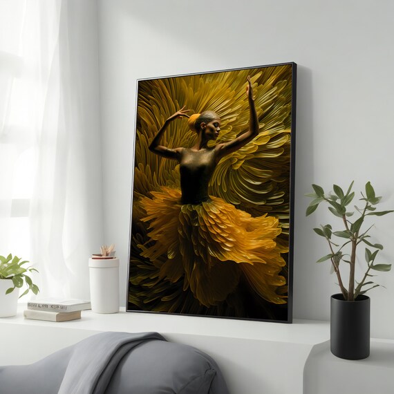 Ballerina In Golden Feather Tutu Arms Raised Dramatic Dance Art Poster
