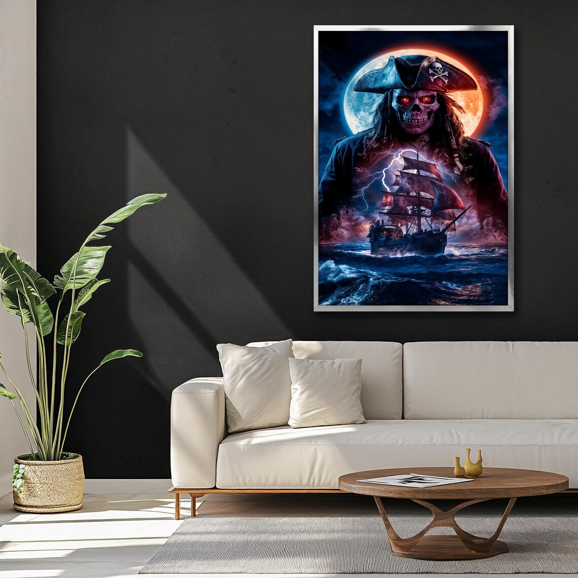 Haunting Pirate Skull Ghost Ship Full Moon Lightning Dark Nautical Poster - Image 3