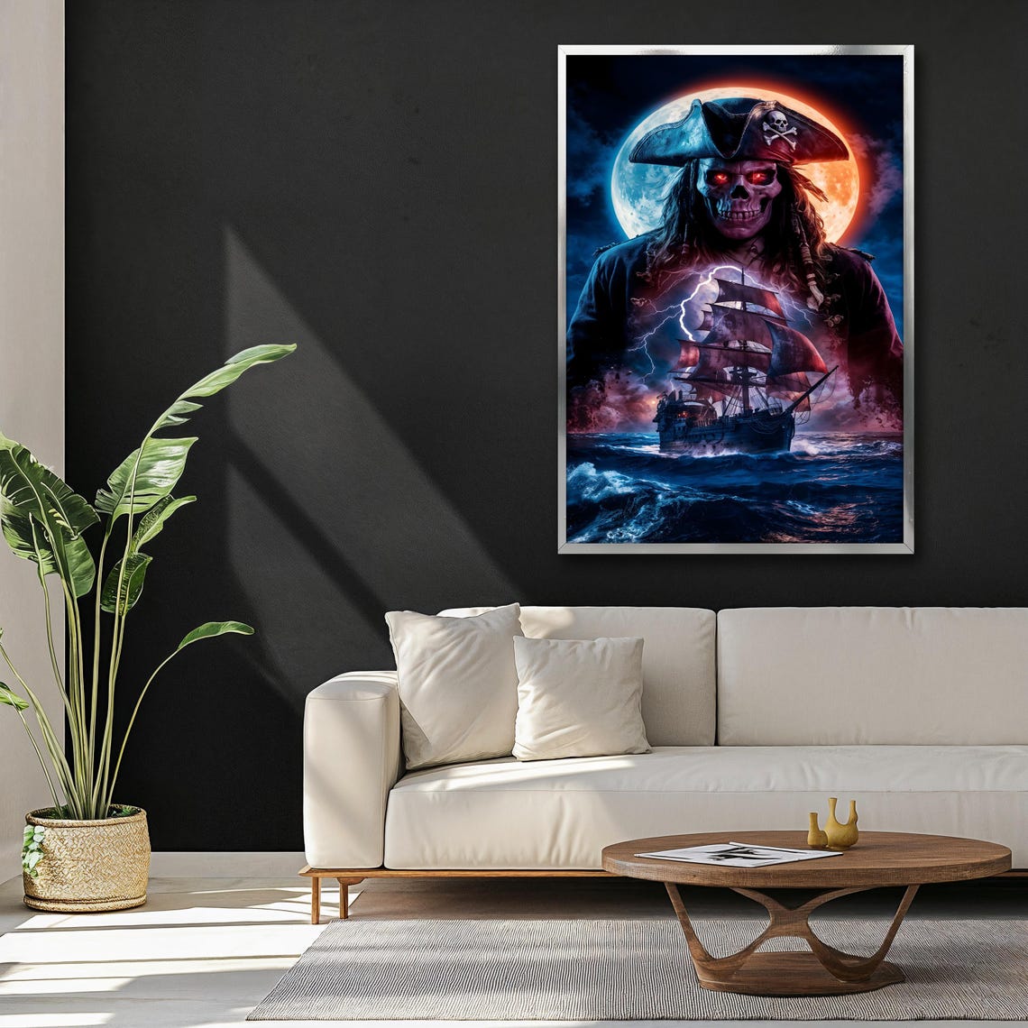 Haunting Pirate Skull Painting Ghost Ship And Full Moon Wall Art Dark Nautical Wall Decor Pirate Skull Wall Art Gift Idea - Image 3