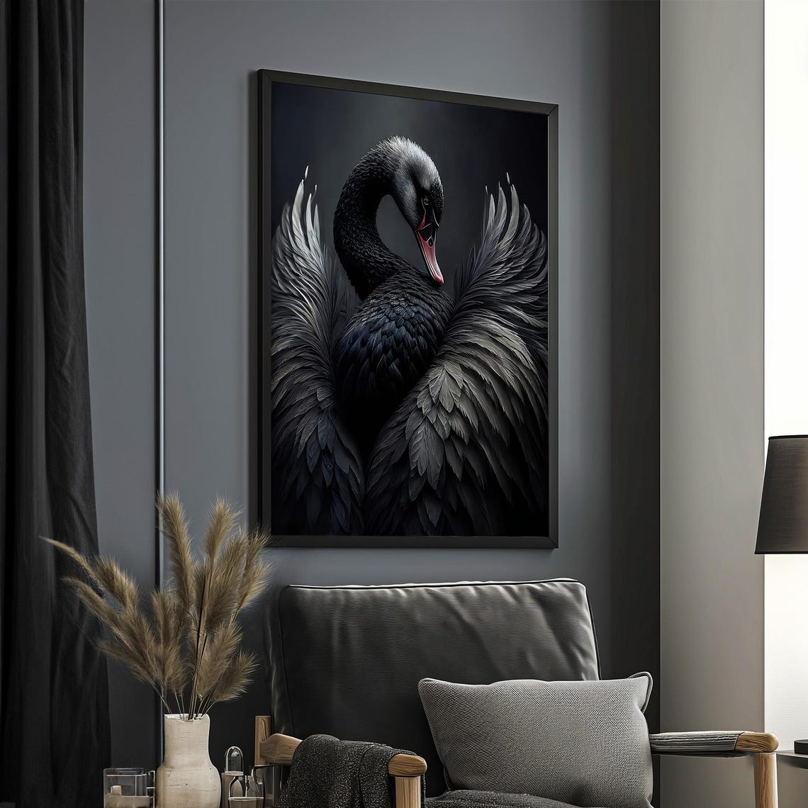 Black Swan Wings Spread Dark Moody Elegant Bird Portrait Wall Poster