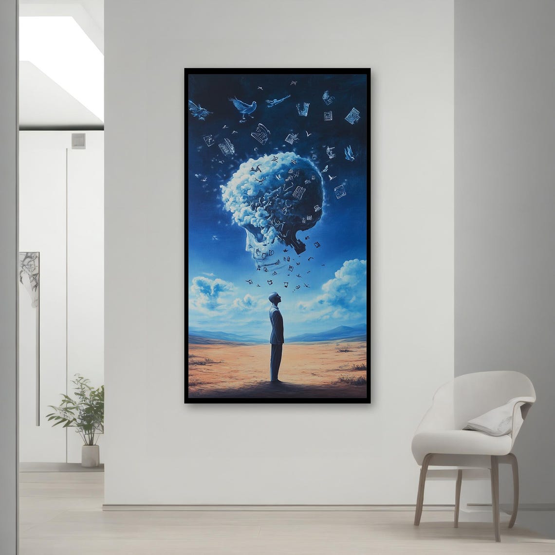 Surreal Blue Dreamscape Art Surrealist Skull And Birds Wall Decor Thoughtful Gift Abstract Sky Painting Gift Idea - Image 2