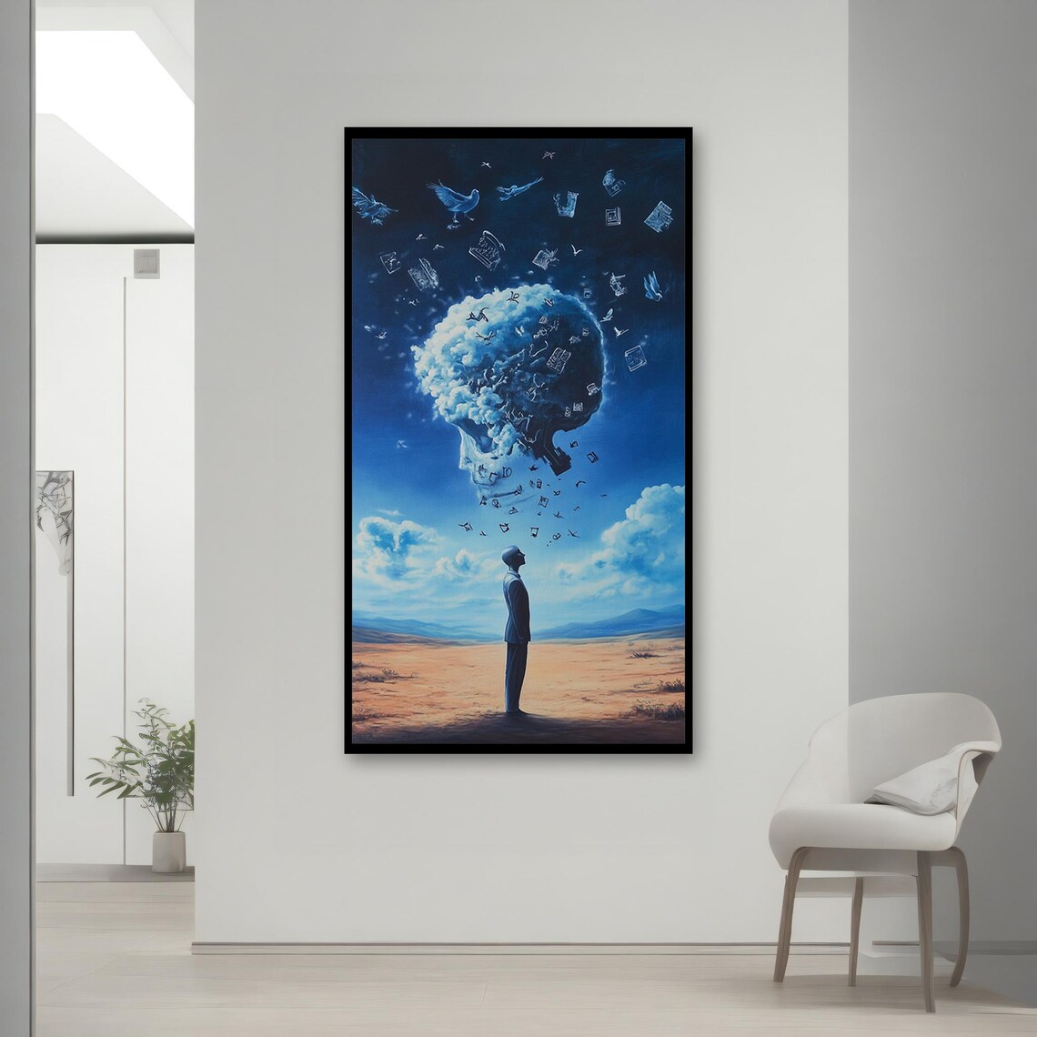 Surreal Blue Skull Cloud Over Desert Man Looking Up Dreamlike Sky Art Poster - Image 2