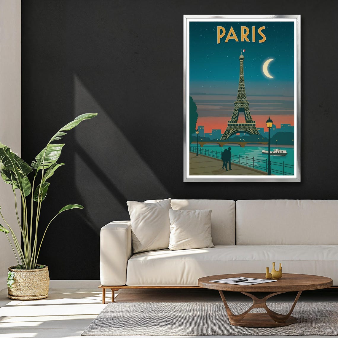Vintage Paris Eiffel Tower Night Crescent Moon Seine Romance Poster - Image 3