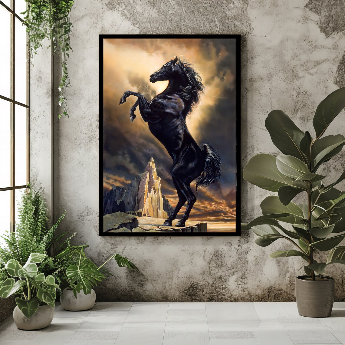 Black Stallion Rearing Dramatic Sunset Mountain Fantasy Horse Poster - Image 2