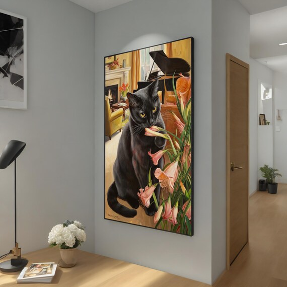 Black Cat with Pink Lilies Cozy Room Realistic Pet Portrait Art Poster