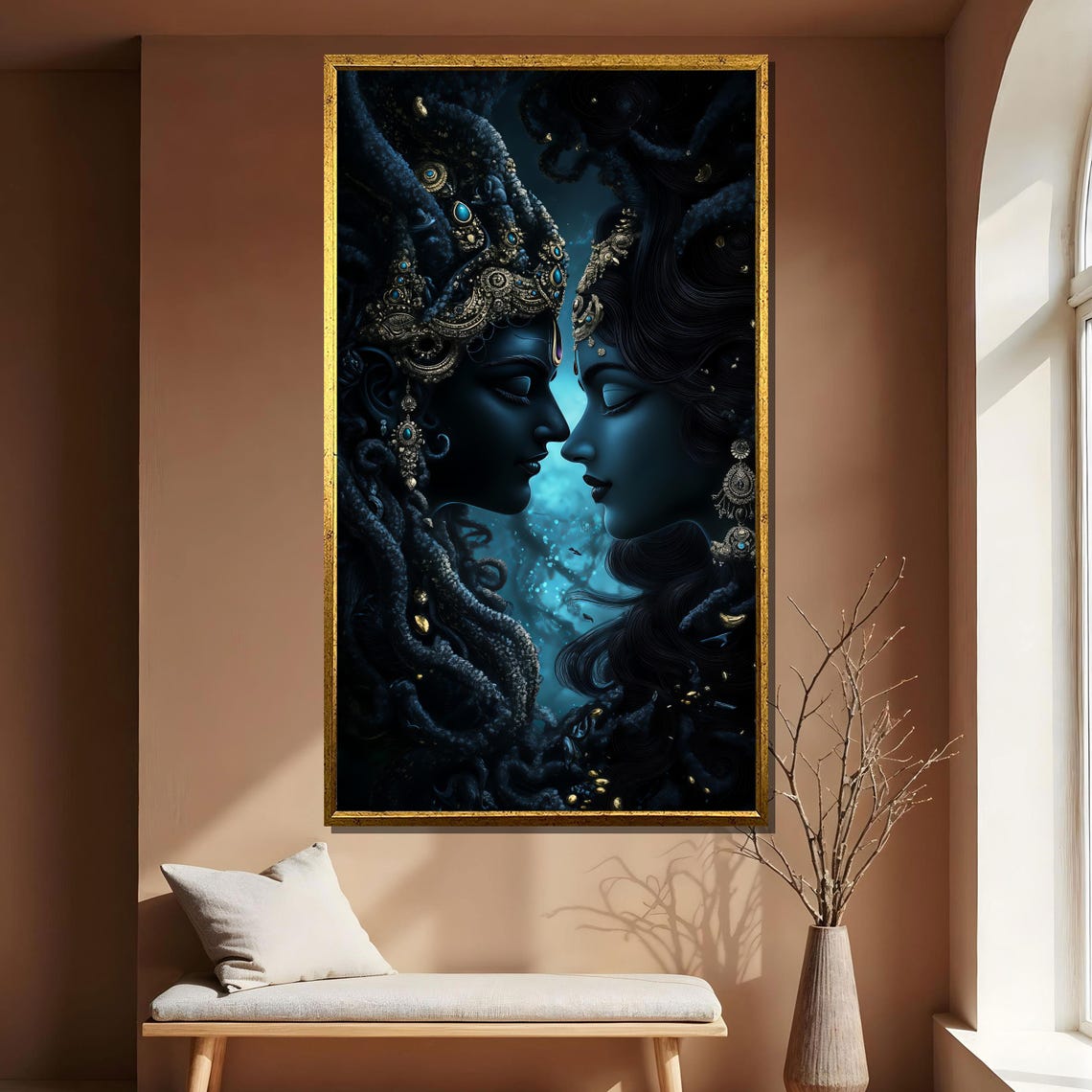 Radha Krishna Divine Love Couple Midnight Blue Spiritual Art Print - Image 4