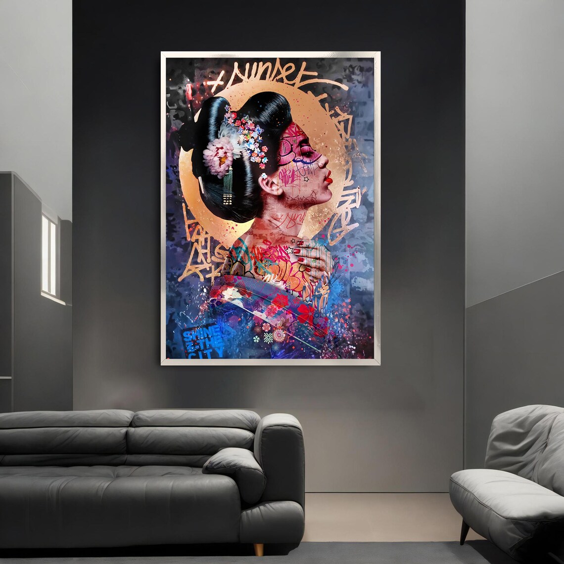 Geisha Graffiti Sunset Gold Japanese Street Art Modern Wall Art - Image 3