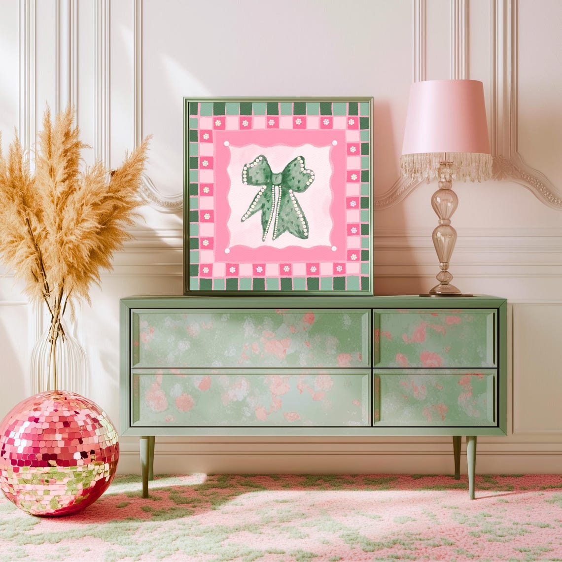 Green Coquette Bow With Pearls On Pink Checkerboard Square Poster - Image 2