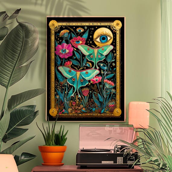 Luna Moth Eye Art Print Dark Academia Wall Surreal Maximalist Witchy Garden Decor Lunar Celestial Gothic