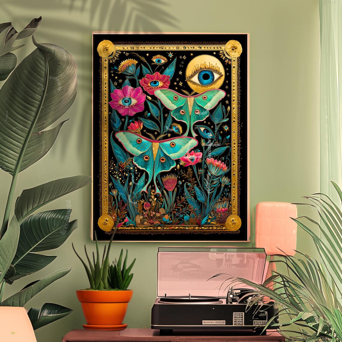 Luna Moth Mystic Eye Floral Dark Academia Maximalist Witchy Wall Poster