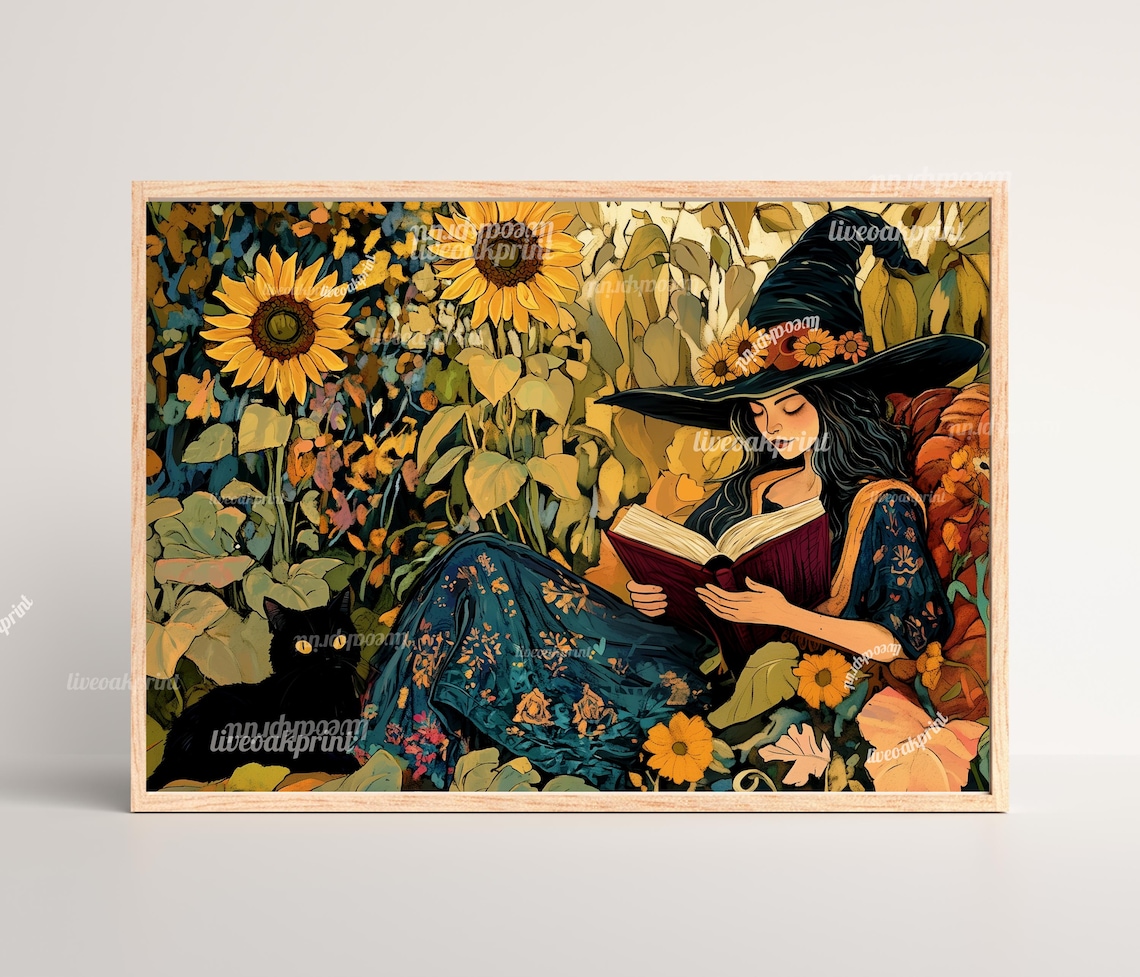 Witch Reading A Book In A Fall Garden, Art Print
