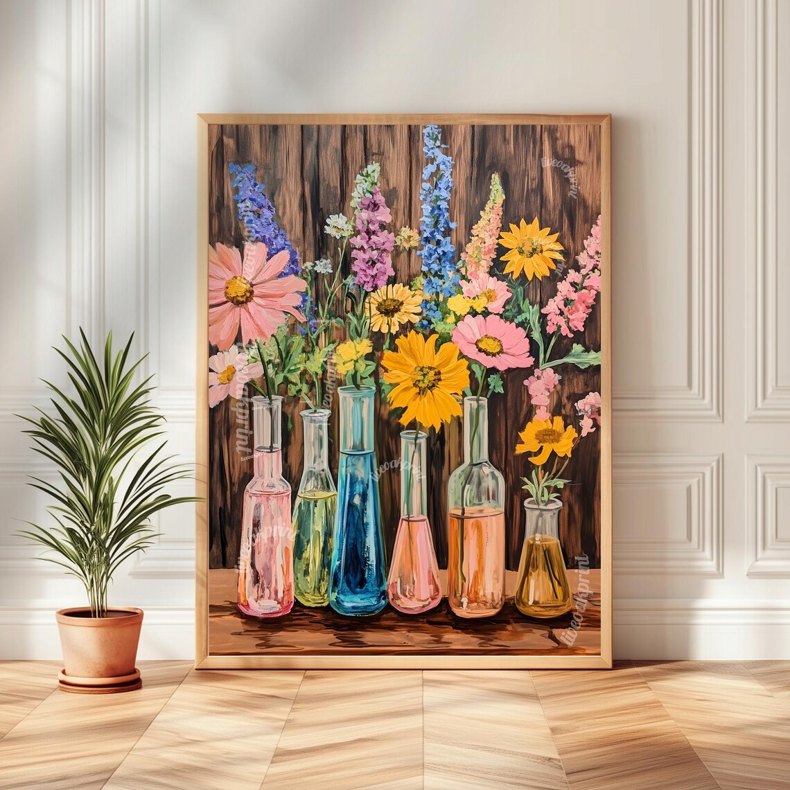 Wildflowers In Glass Laboratory Flasks Botanical Chemistry Print