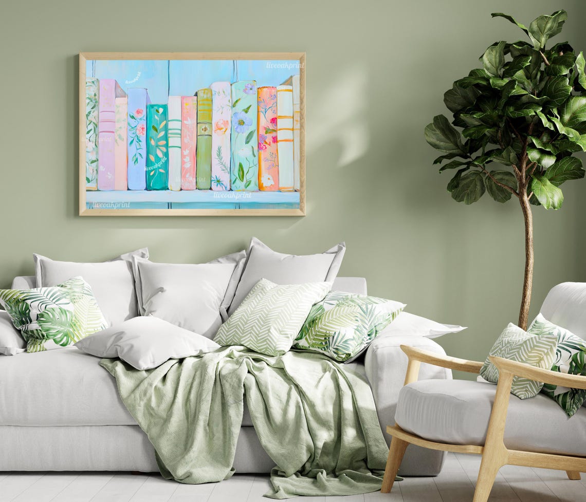 Pastel Floral Bookshelf Painting With Soft Blue And Pink Spines Poster - Image 2