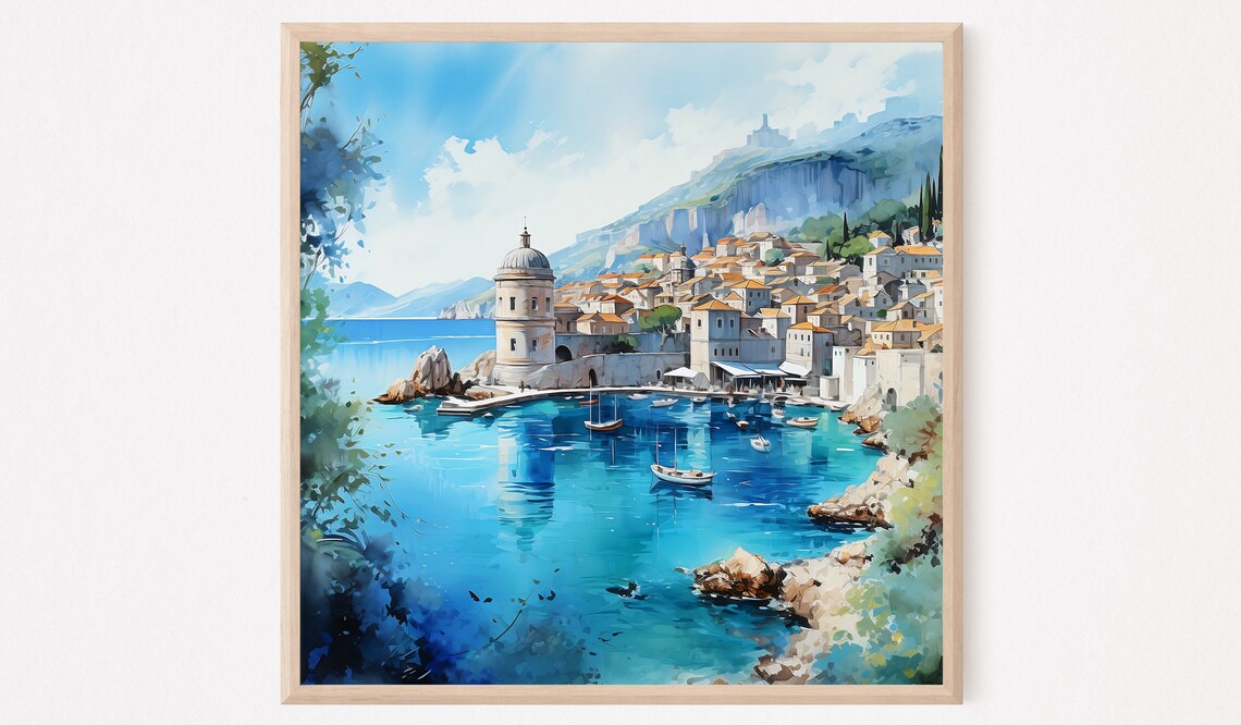 Dubrovnik Croatia Old Town Harbor Turquoise Sea Watercolor Poster