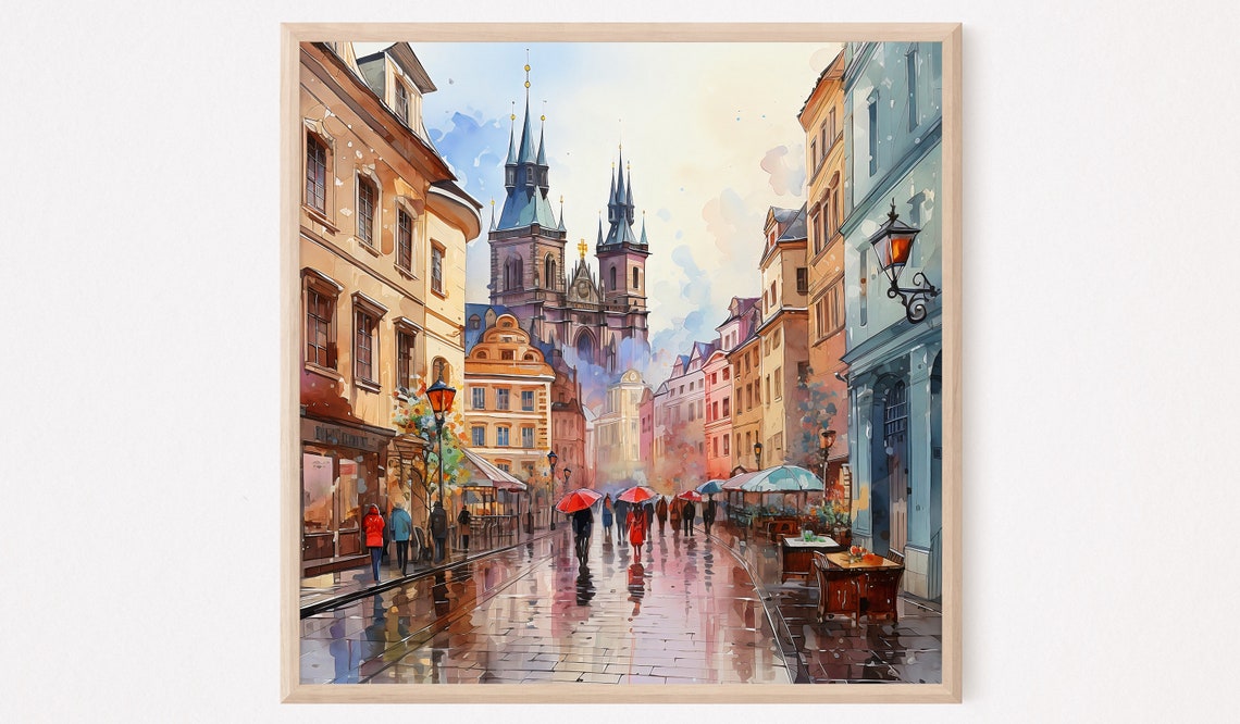 Prague Old Town Square Rainy Day Red Umbrellas Watercolor Print