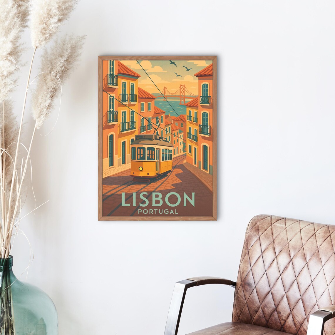 Lisbon Portugal Iconic Yellow Tram Retro Vintage Travel Poster