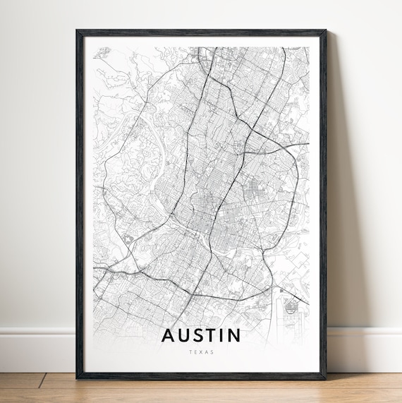 Austin Minimal Map Art Print, Black And White