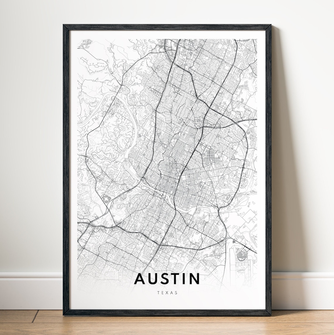 Austin Minimal Map Art Print, Black And White