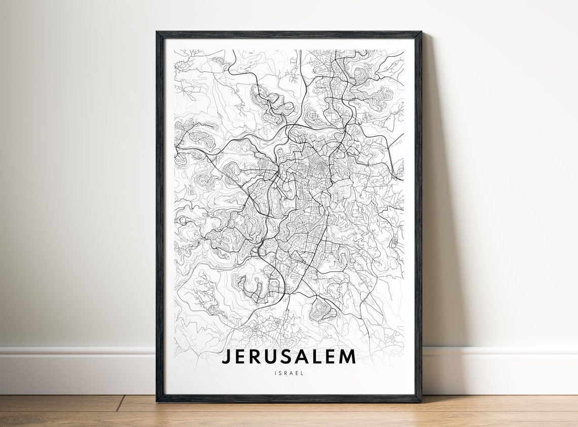 Jerusalem Minimalist Black and White Ancient City Street Map Poster