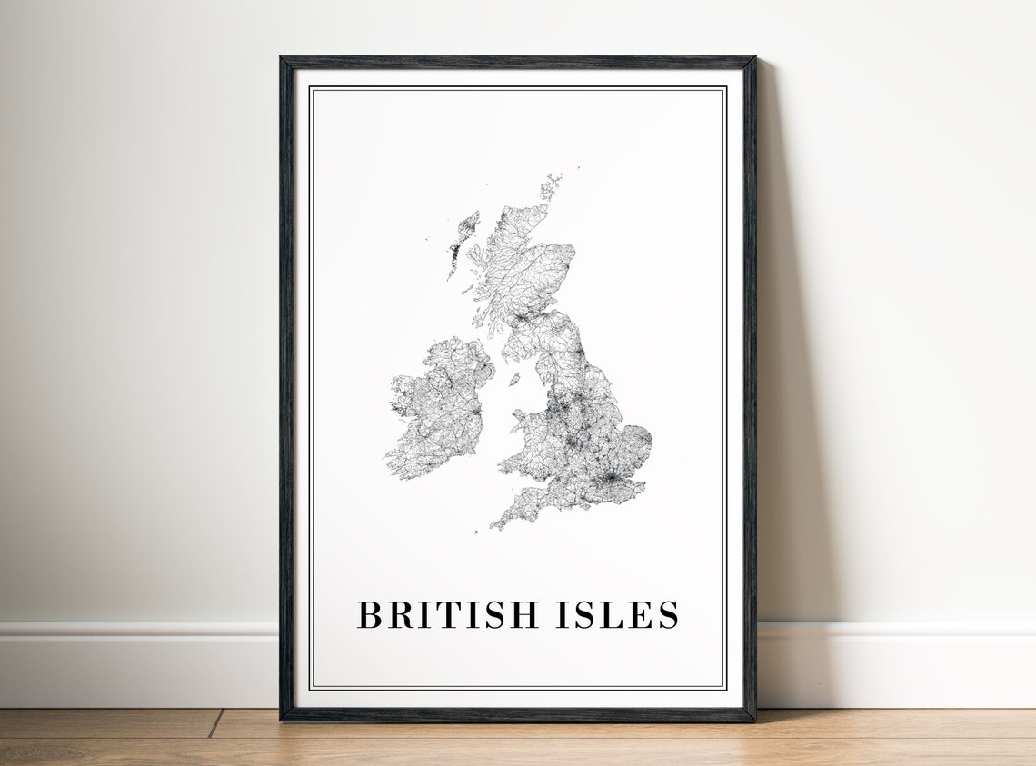 British Isles Street Map Black White Minimalist Framed Map Poster