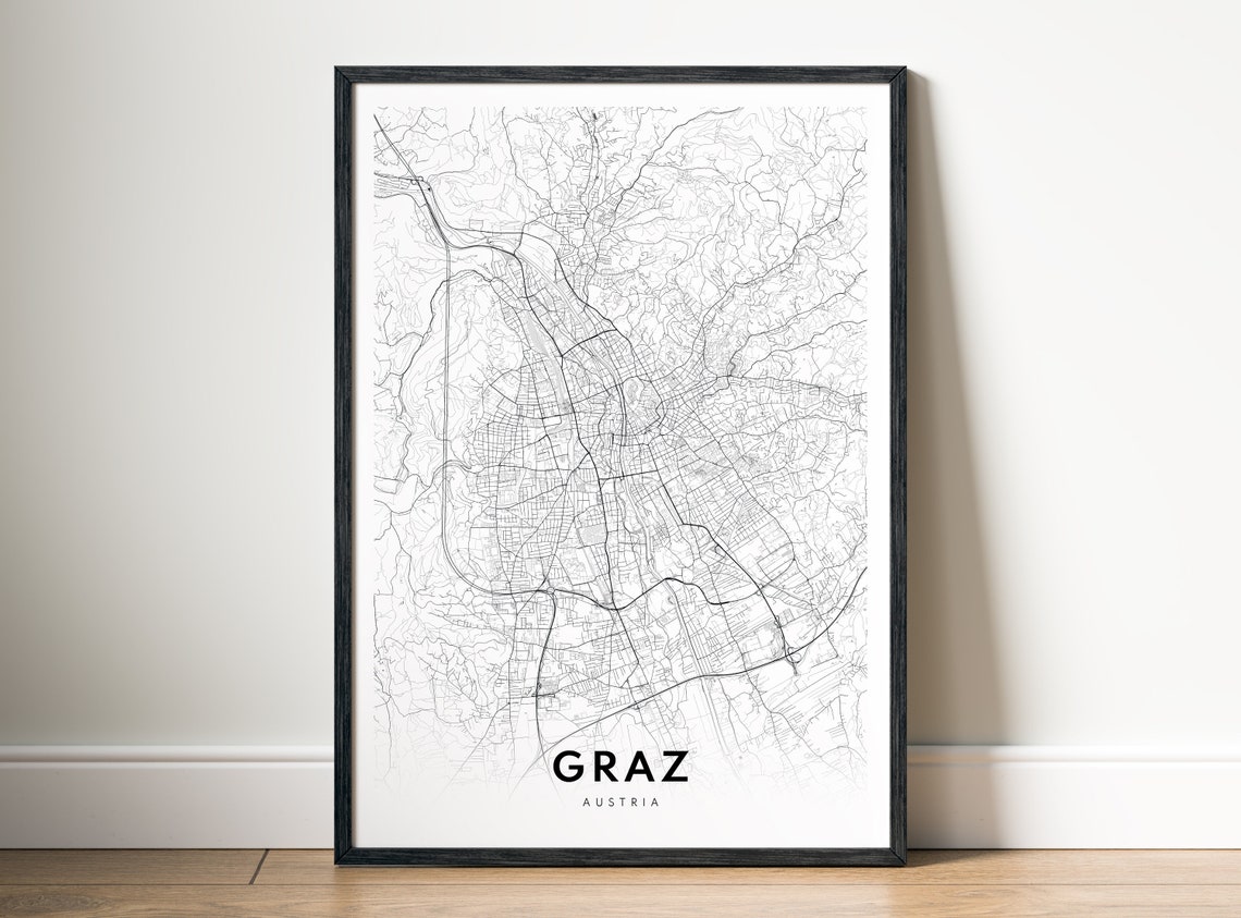Graz Austria City Map Minimalist Black White Line Art Poster
