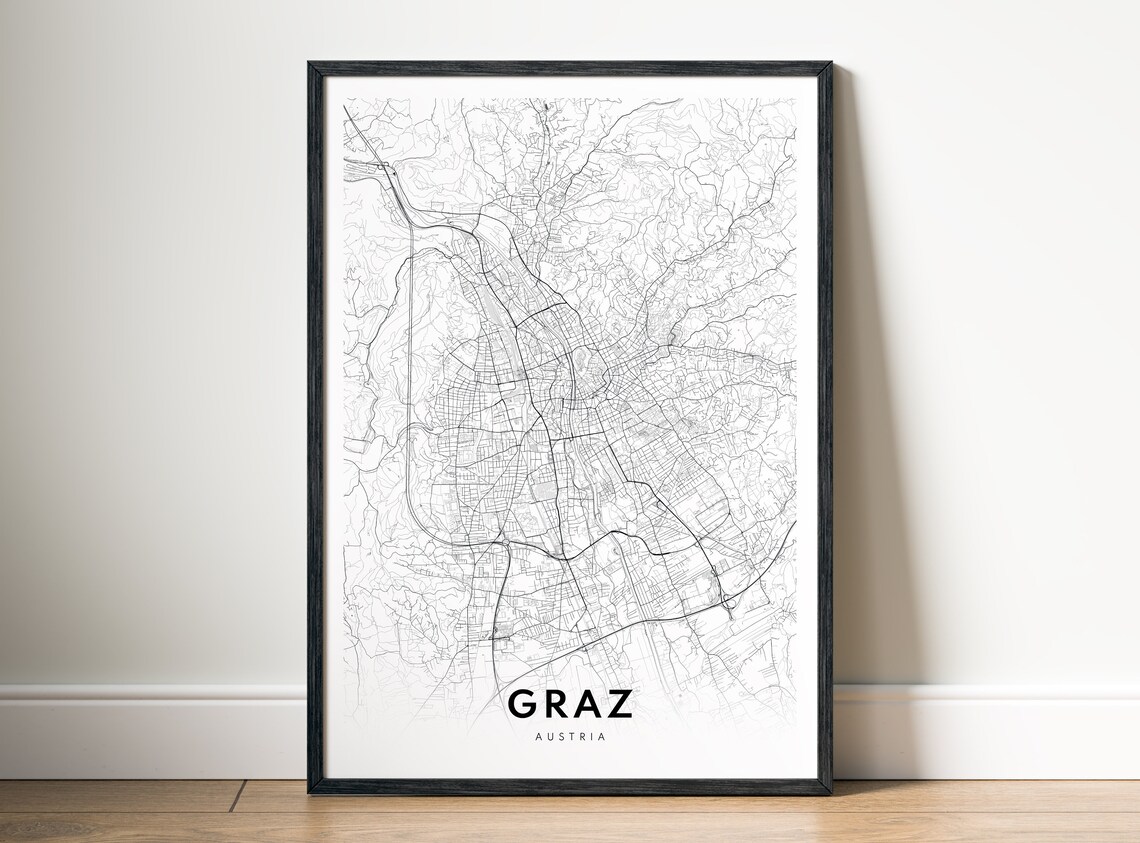 Graz Austria City Map Print Black White Minimalist Wall Art In Two Styles