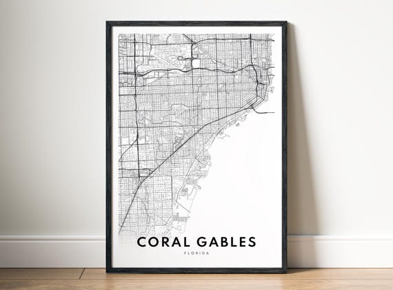 Coral Gables City Map Poster Florida Black And White Minimalistic