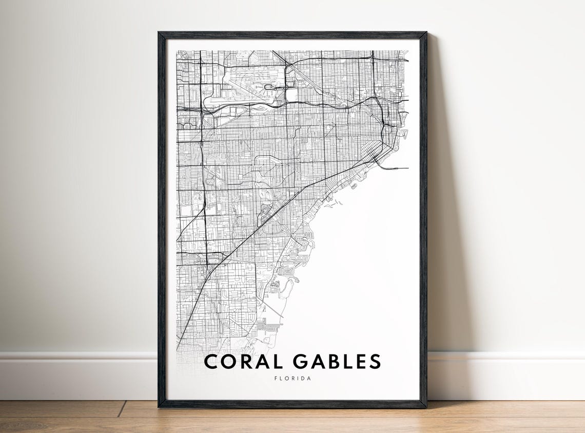 Coral Gables City Map Poster Florida Black And White Minimalistic