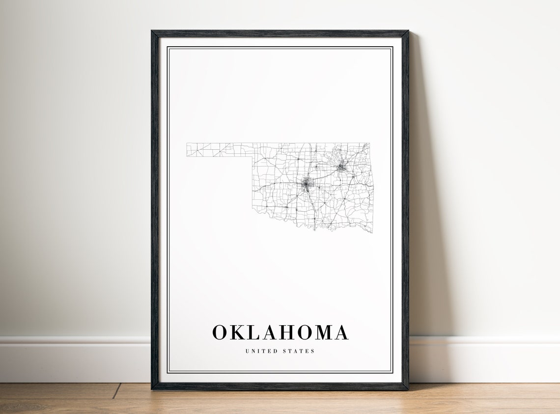 Oklahoma State Road Map Minimalist Black White Line Art Poster