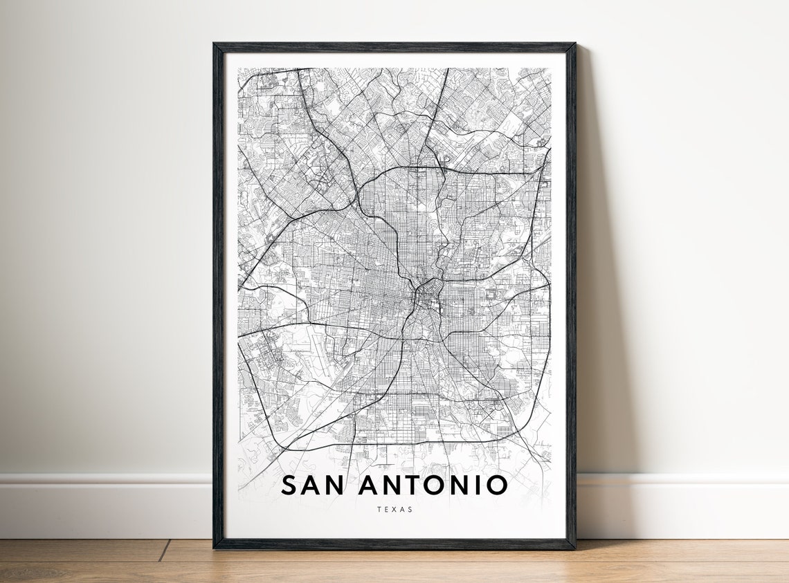 San Antonio Texas Minimalist Street Map Black White Wall Art