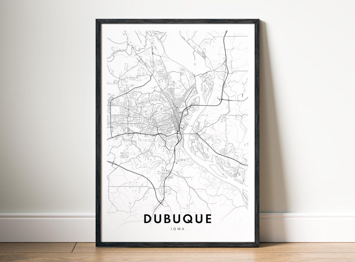 Dubuque Iowa Black And White Minimalist River City Street Map Print