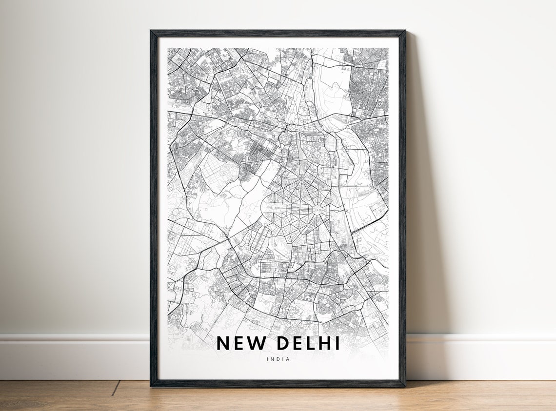 New Delhi India Black And White Detailed Street Map Line Art Poster