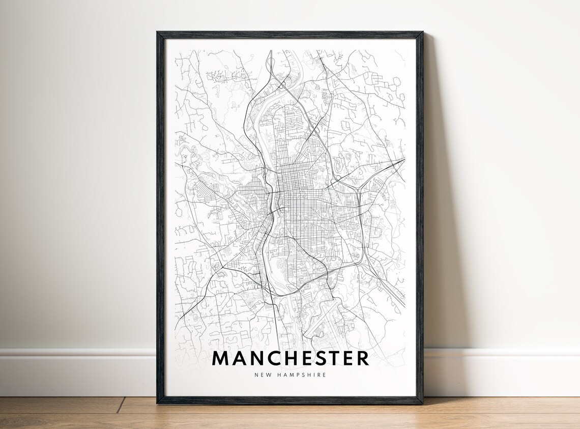 Manchester Nh Map Print New Hampshire Poster Black And White