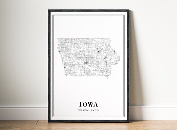 Iowa State Map Poster, Black And White Sketch Map