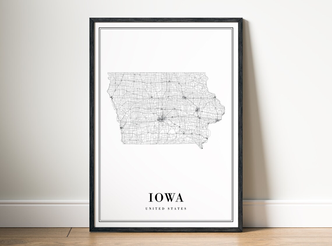 Iowa State Map Poster, Black And White Sketch Map
