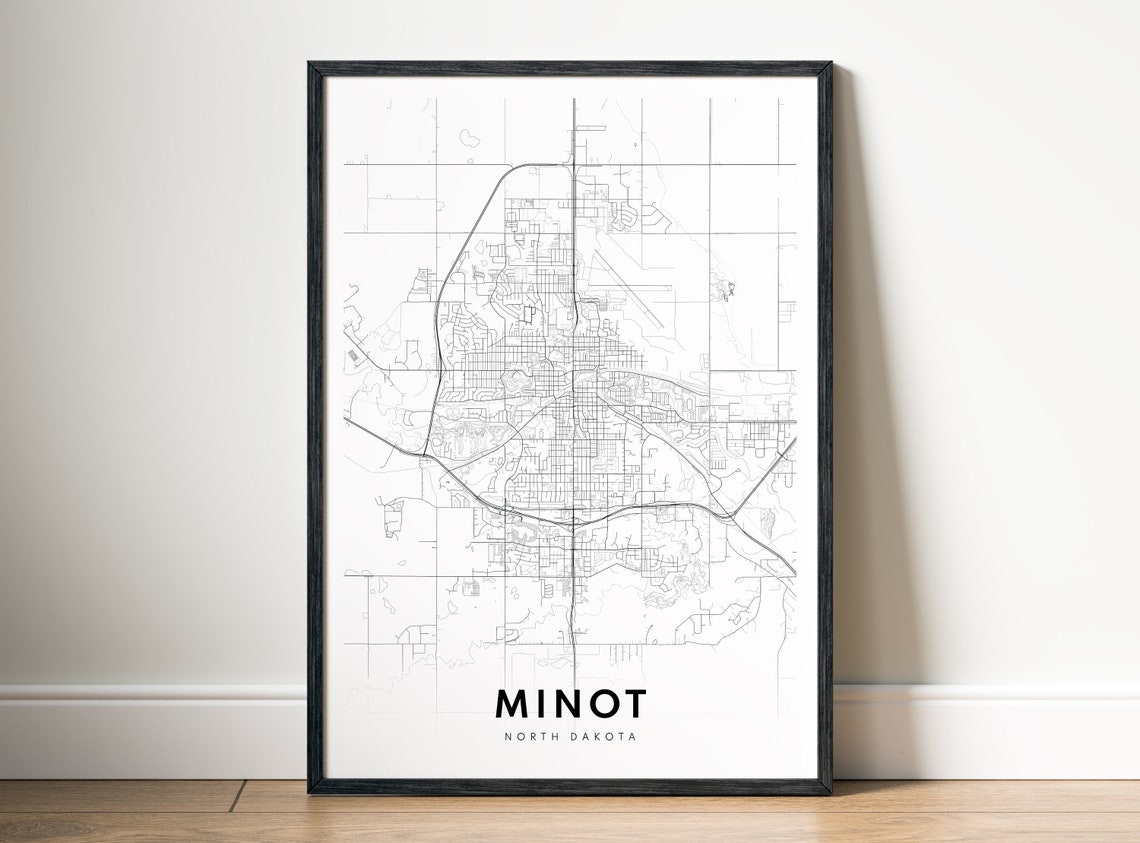 Minot North Dakota Minimalist Black and White City Map Sketch Poster