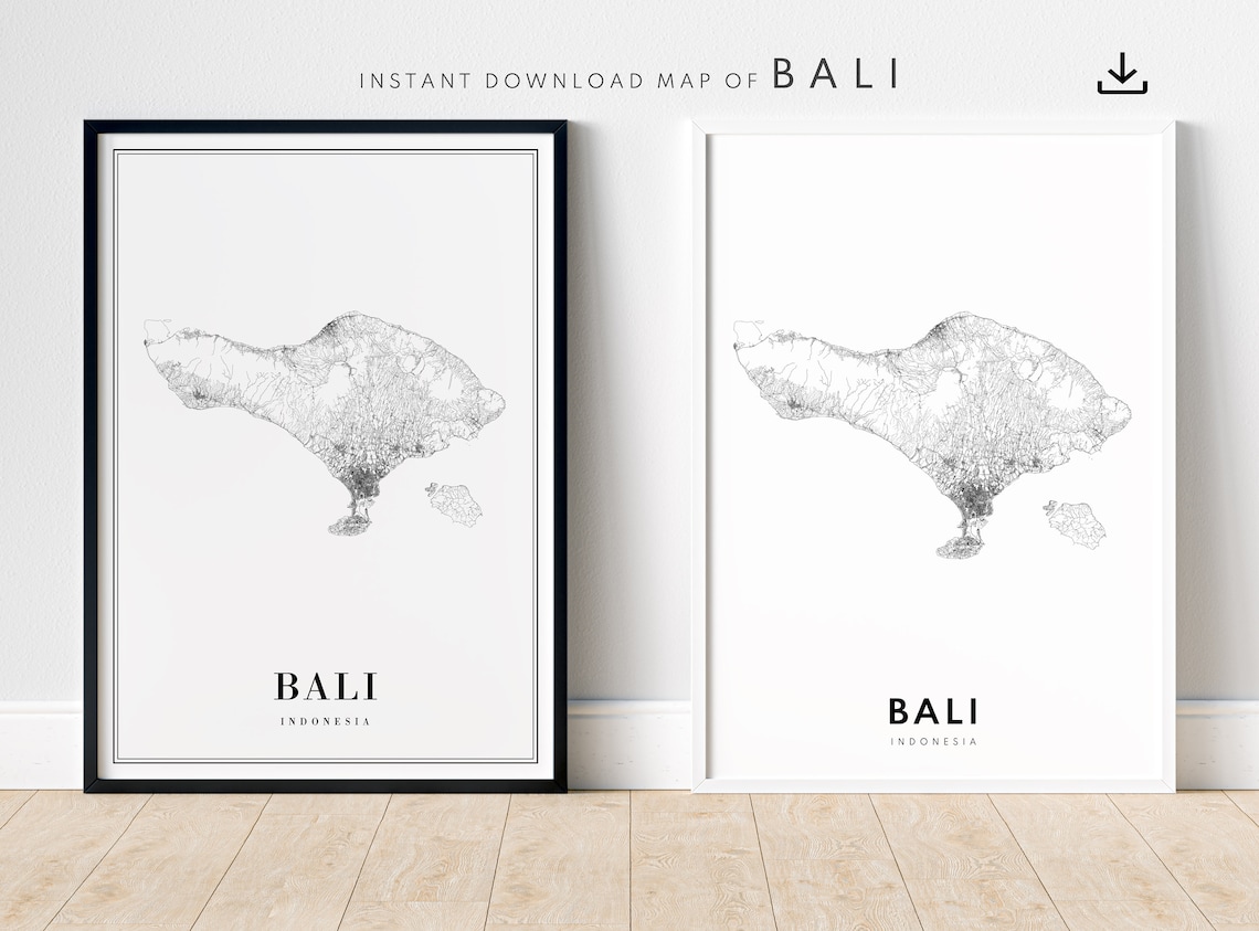 Bali Map Poster, Black and White Travel Print