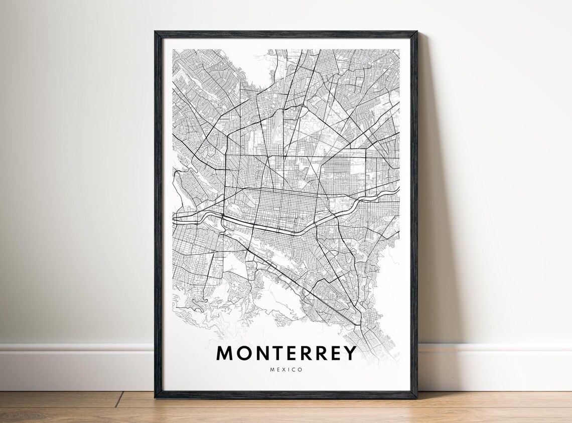 Monterrey Map Print, Mexico Black And White Sketch