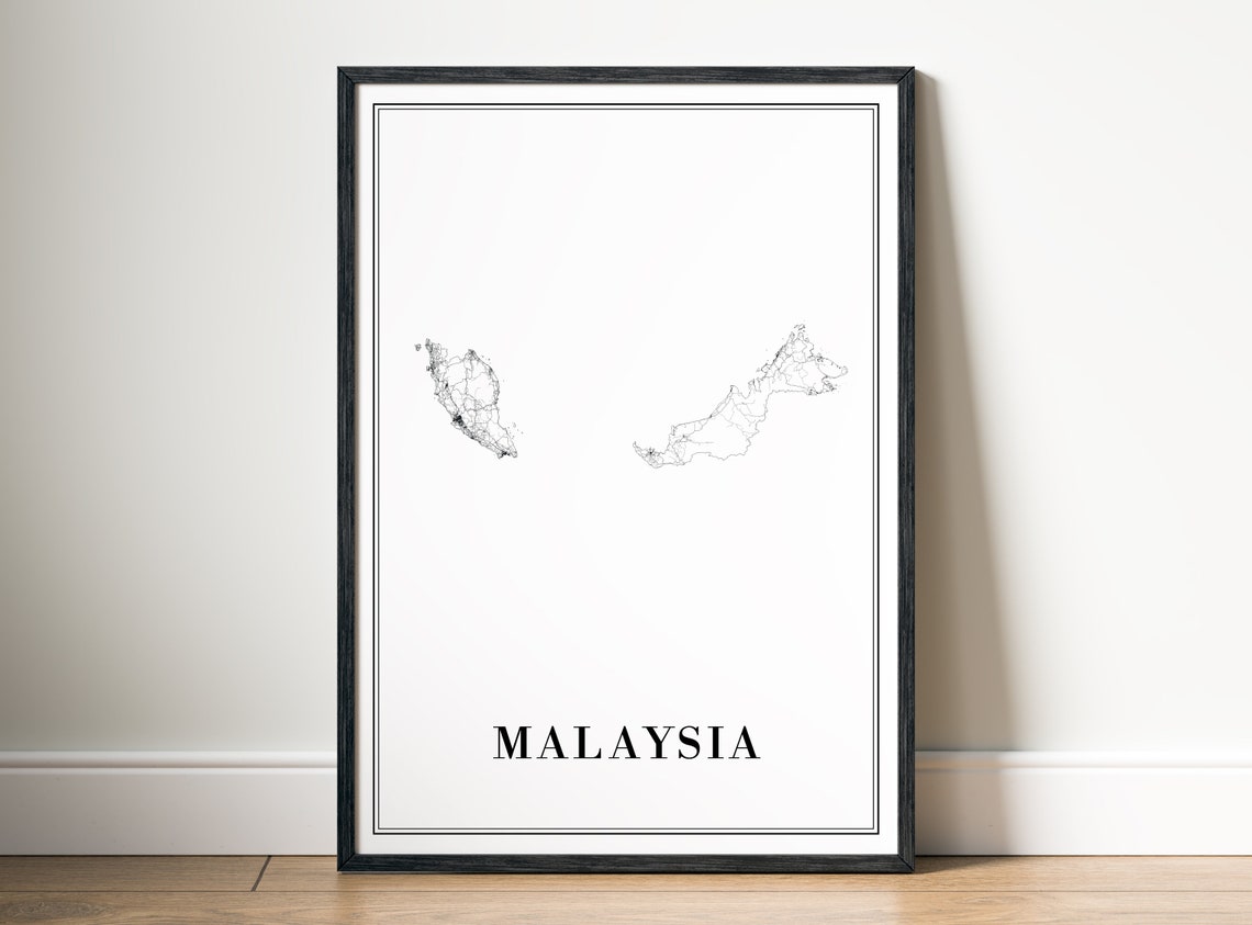 Malaysia Country Road Network Map Minimalist Black and White Poster
