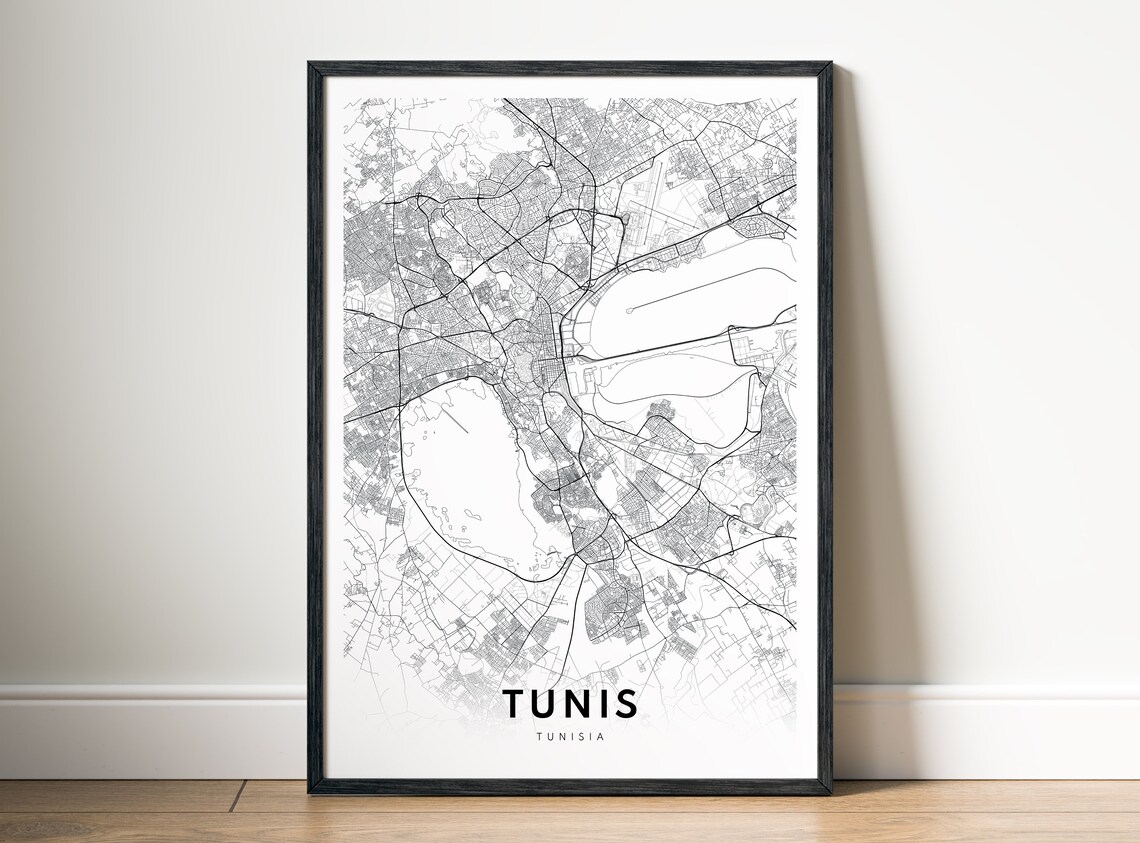 Tunis Tunisia Black And White Detailed City Street Map Poster