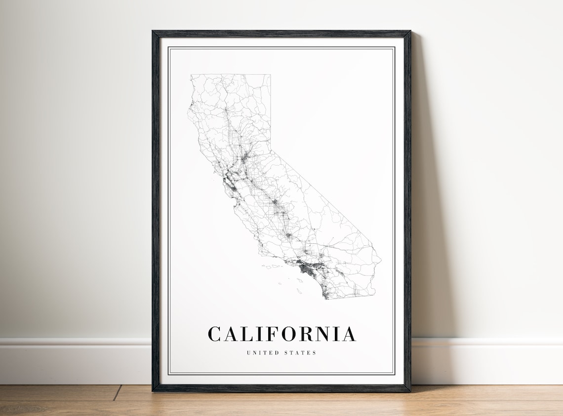 California State Map Print, Black and White Travel Poster