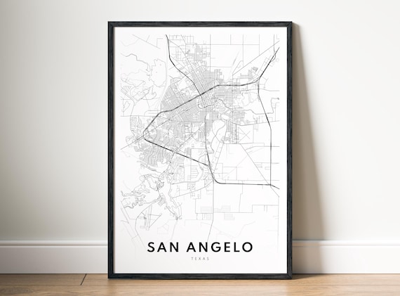 San Angelo Tx Map Print Texas Poster City Black And White