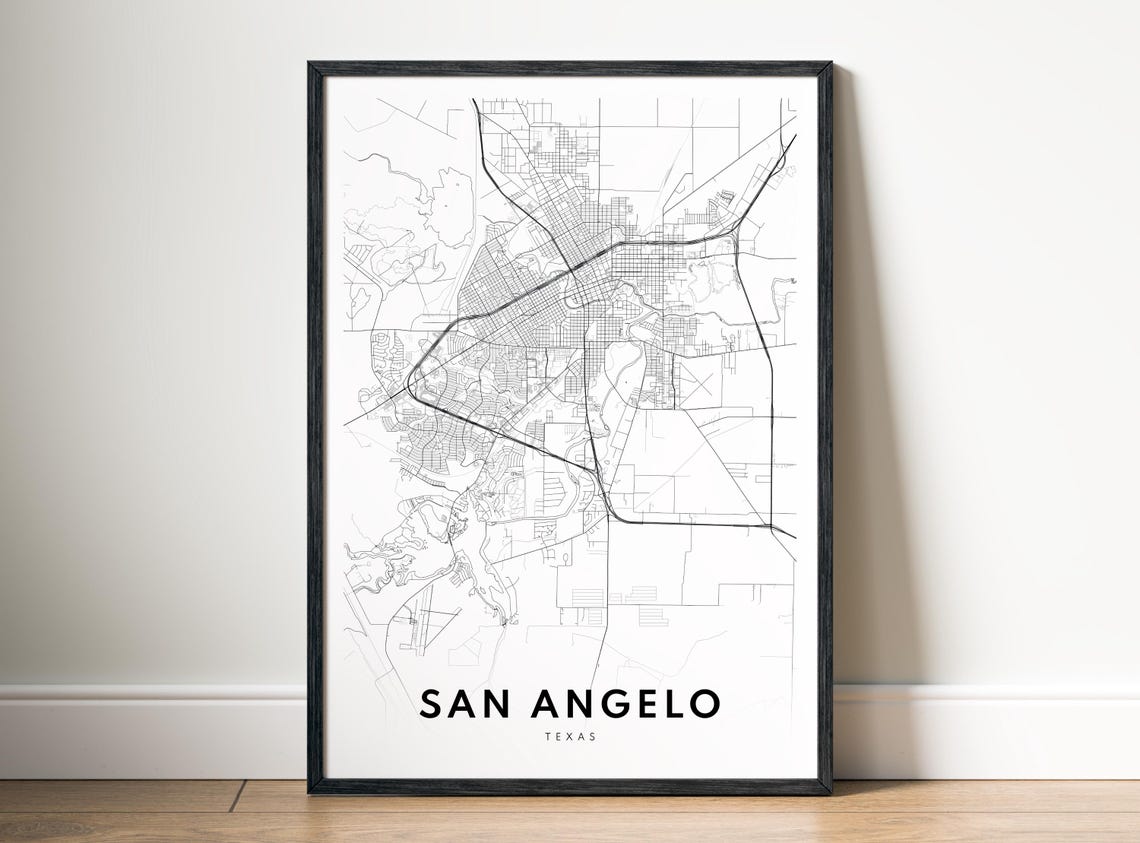San Angelo Texas Black And White Minimalist Downtown City Map Poster