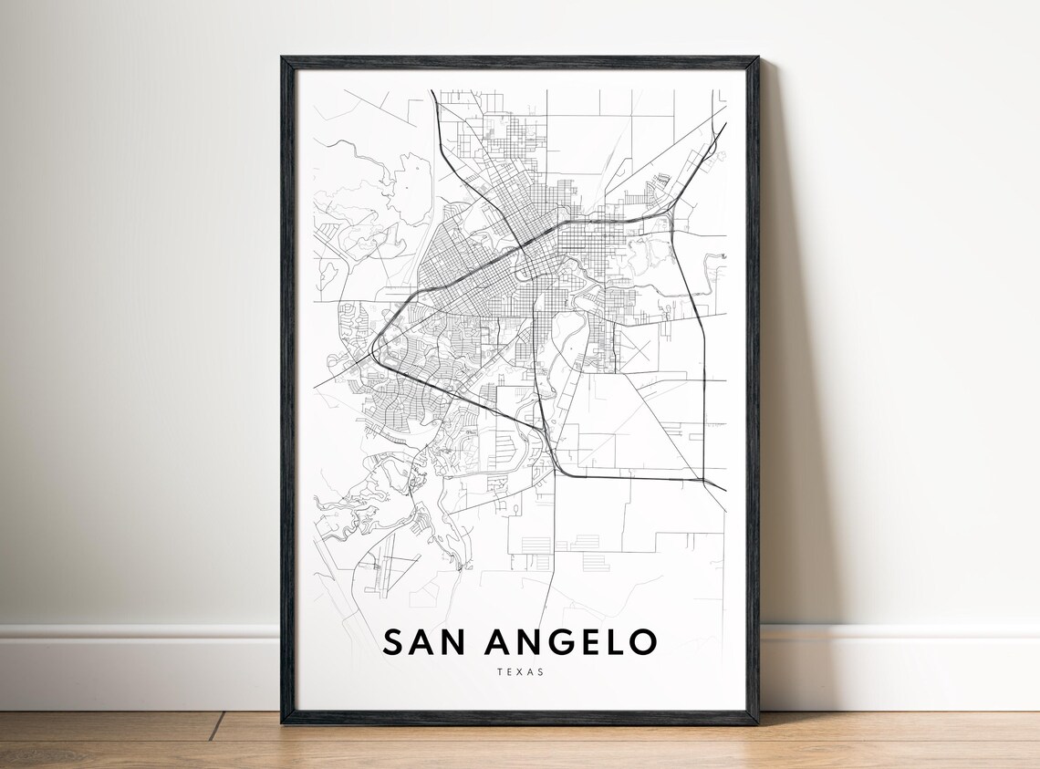 San Angelo Tx Map Print Texas Poster City Black And White