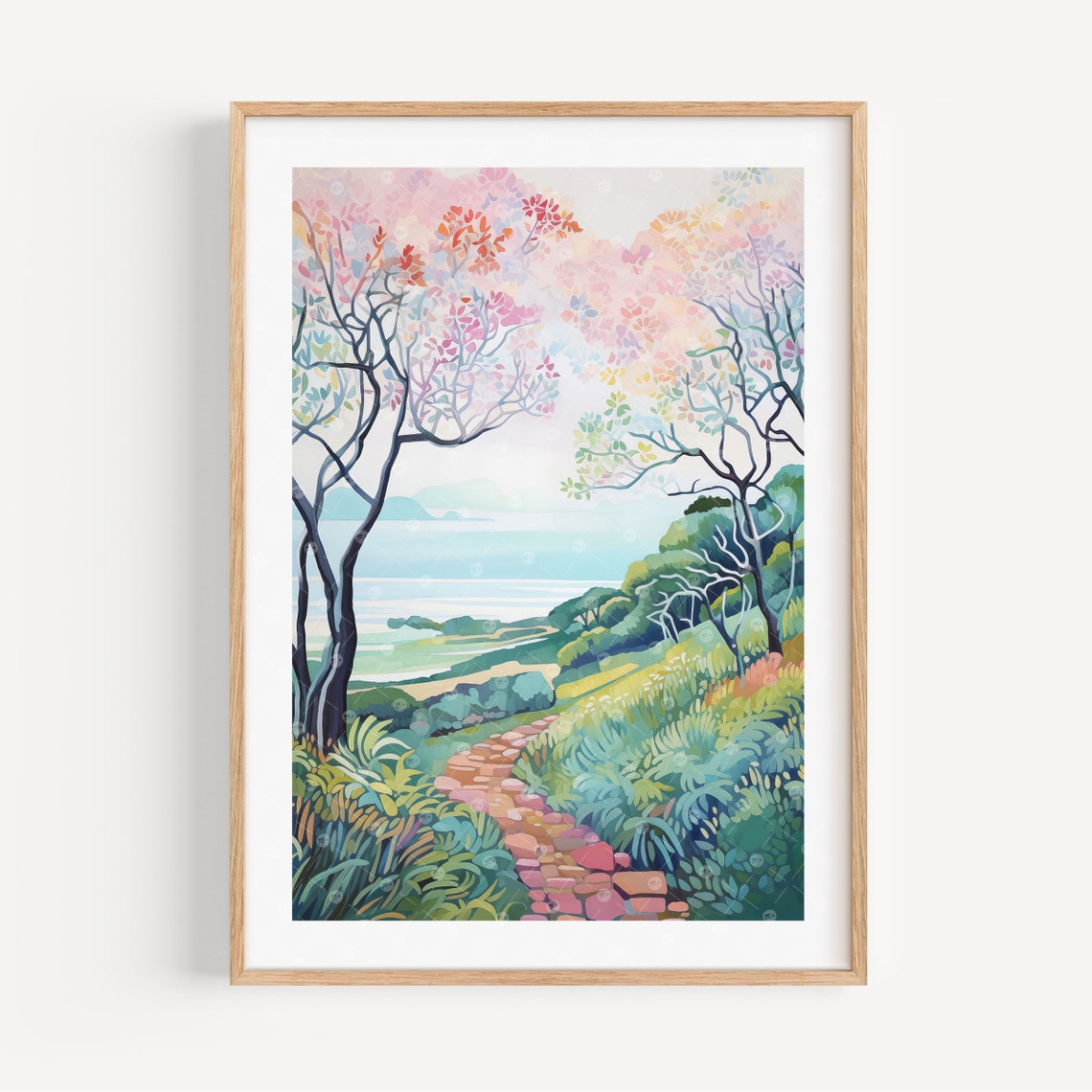 Kapalua Hawaii Coastal Path Ocean View Floral Watercolor Poster