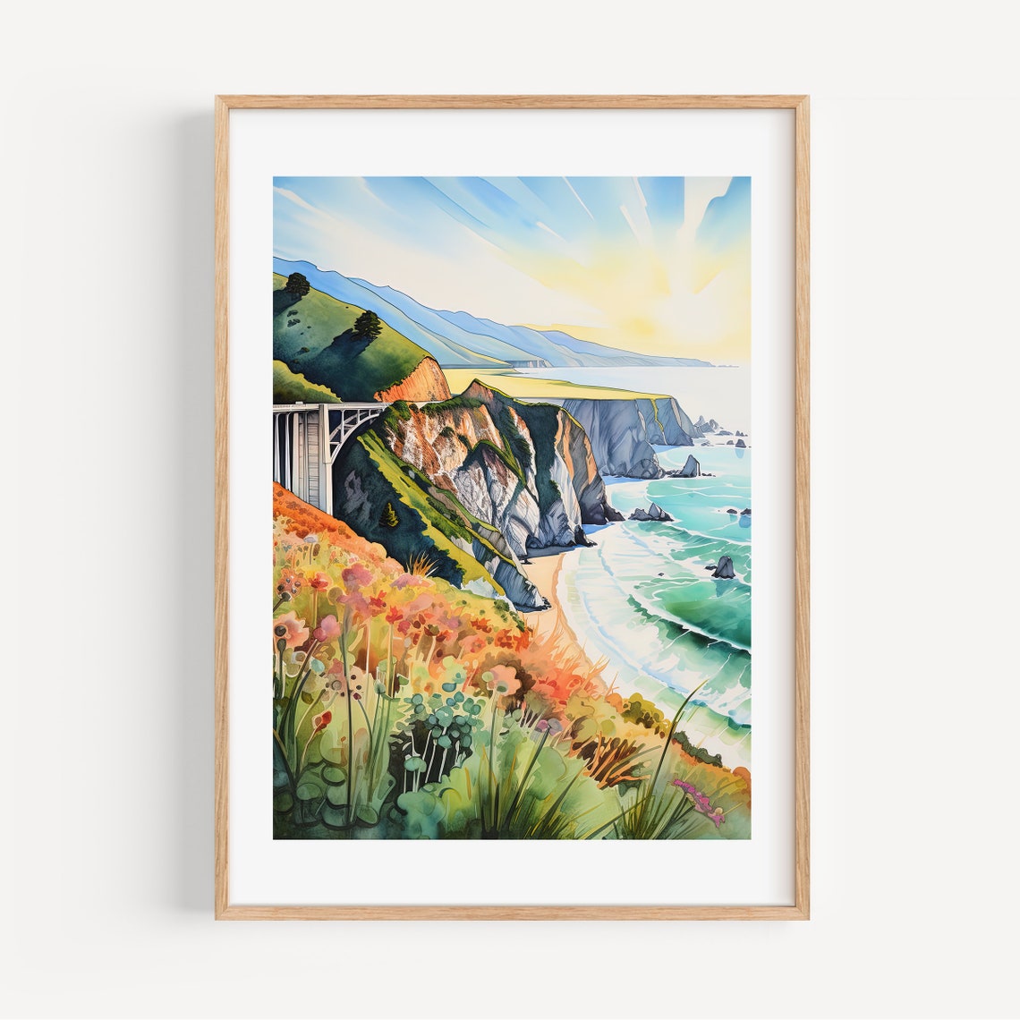 Big Sur California Coastal Cliffs Wildflowers Ocean Watercolor Poster