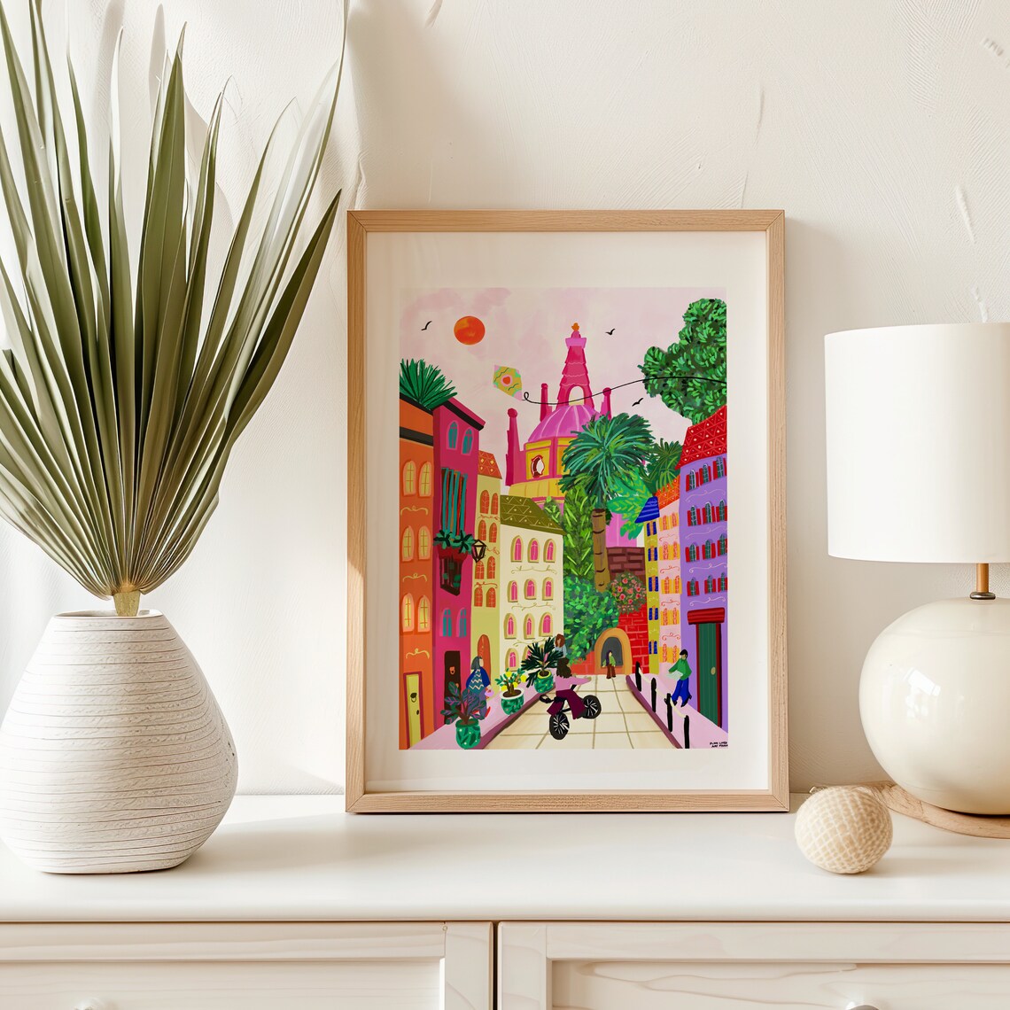 Colorful Mexican Colonial Street Cathedral Bells Scene Art Print - Image 3