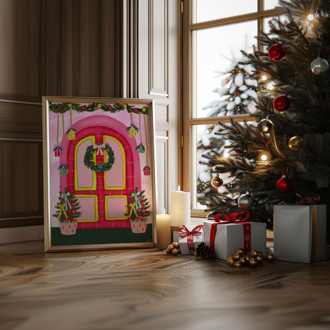 Pink Christmas Front Door Wreath Ornaments Girly Holiday Wall Art - Image 4